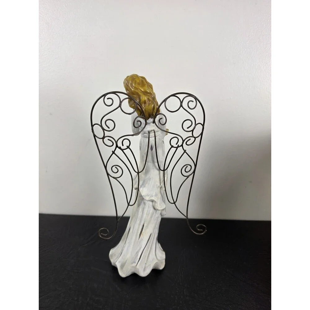 Vintage Rustic White Christmas Angel Figurine With Metal Wings Gold Trumpet 11